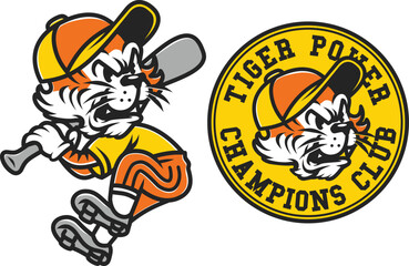 A retro-style vintage tiger mascot illustration with a baseball theme, designed for team branding, sports club logos, or merchandise.