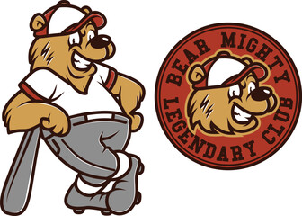 A retro-style vintage bear mascot illustration featuring a baseball theme, ideal for sports club logos, branding, or apparel designs.