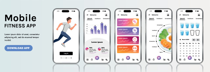 A sleek fitness app interface template featuring responsive design elements, including dashboards, charts, and statistics. Perfect for tracking health, weekly progress, and sports activities