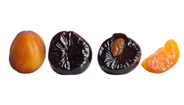 Succulent organic prunes and scrumptious dried organic apricots lined up on a bright white canvas.  
