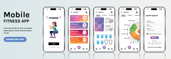 A sleek fitness app interface template featuring responsive design elements, including dashboards, charts, and statistics. Perfect for tracking health, weekly progress, and sports activities