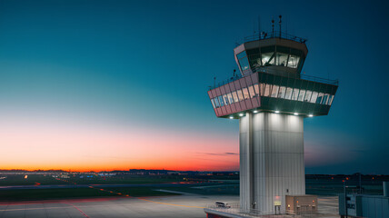 Naklejka premium Air traffic control tower overseeing a bustling airport, ensuring safe and efficient aircraft movements, symbolizing coordination and precision in aviation operations.