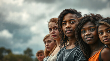 Diverse group of women standing under cloudy sky, international youth day