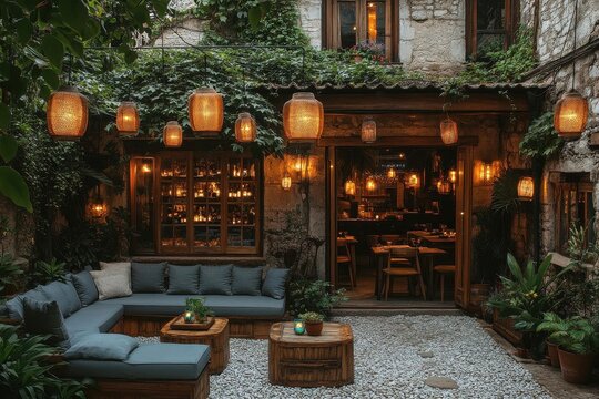 charming patio filled with greenery and wooden decor, featuring cozy seating and glowing lanterns, inviting relaxation and social gatherings in a tranquil outdoor setting