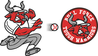 A retro-style vintage bull mascot illustration with a baseball theme, perfect for team logos, sporty branding, or apparel merchandise.