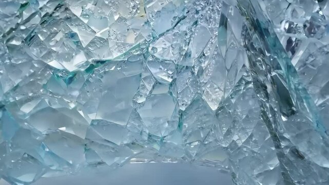 A close up of a piece of ice with a lot of cracks in it. Concept of fragility and vulnerability, as the ice is easily broken apart. The cracks in the ice also suggest that it is not a solid