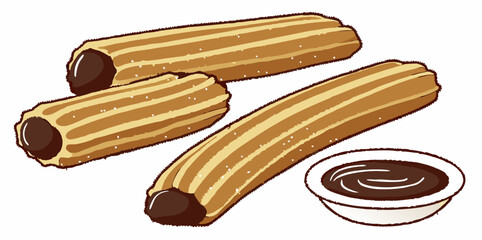 Delicious Churros with Chocolate Dip: Cartoon Illustration for Desserts and Food Projects. Close-up of various fried churros on white background.