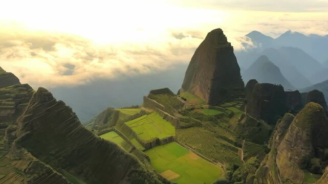 The mountains are covered in clouds and the sky is a mix of blue and orange. The landscape is lush and green, with a few small houses scattered throughout