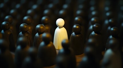 Obraz premium Spotlight illuminates a white wooden figure among many black figures in a dramatic arrangement