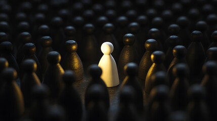 Fototapeta premium Spotlight on a single white wooden figure among a crowd of black figures in contrasting lighting