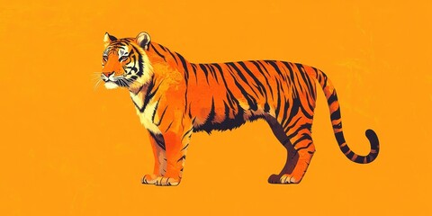 Obraz premium Majestic Bengal Tiger Standing Against Orange Background