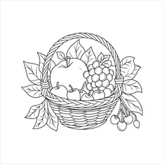 vintage wicker basket with bow. fresh sweet fruits for your coloring book
