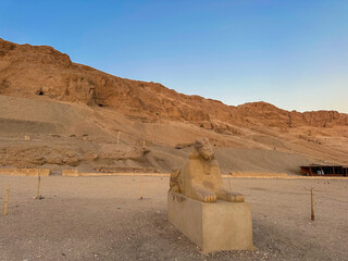 Sphinx of Hatshepsut from her Mortuary temple at Deir el-Bahri near Luxor, Egypt. Sphinx is...
