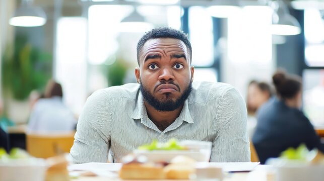 A coworker in an office looking hangry, eagerly eyeing the lunch table as they wait to eat