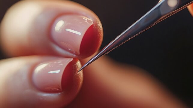 A close-up of a hangnail being trimmed with precision using nail scissors during a manicure session