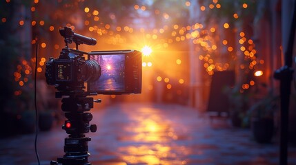 Professional camera in a bokeh-lit outdoor market