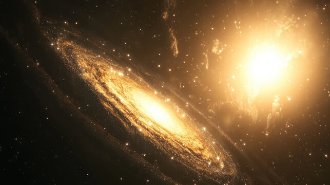 Spiral galaxy with bright star in universe