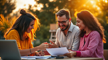 Three colleagues discussing documents outdoors at sunset, international youth day