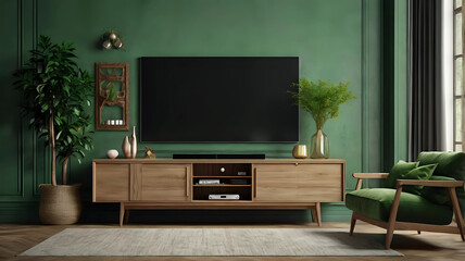 Wall mounted tv mockup on cabinet in living room with green sofa and decor accessories