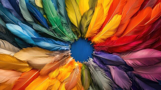 Circle of vibrant feathers forming a colorful arrangement