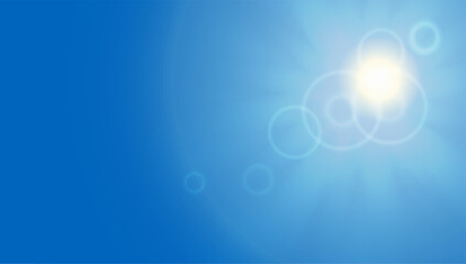 Blue sky background with rays of light. Summer bright vector sunny cloud gradient. Skyline abstract shine sunlight flare. Day heaven cloud burst. Spring glow cloudy weather. Sunrise religious effect