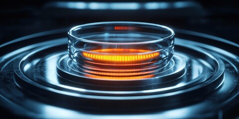 Futuristic Glass Dish with Glowing Light in a Sci-Fi Laboratory Setting