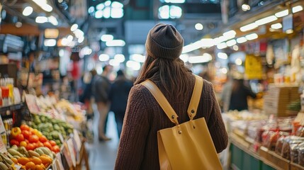 A shopper using a hands-free bag strap while browsing through items in a bustling market, their hands free to inspect products