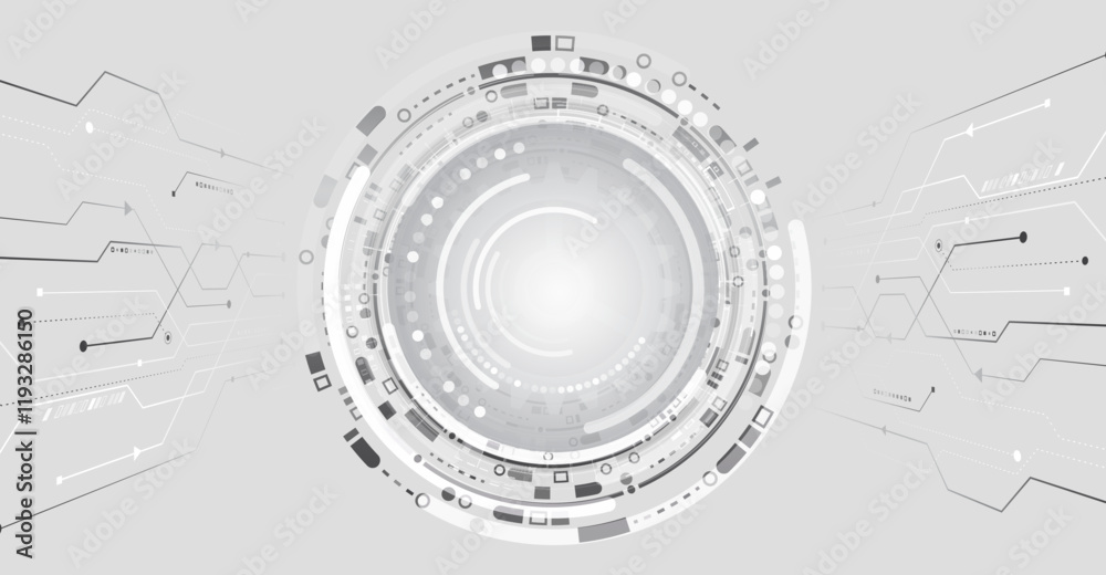 Poster Data transfer and protection, internet communication on a grey background. High computer technology design. Modern science vector presentation. Abstract circles and lines futuristic concept.