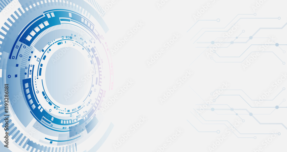 Poster Abstract grey high tech background consisting of printed circuit board circles and other technological elements. Digital communication, data protection, futuristic presentation, science cover.