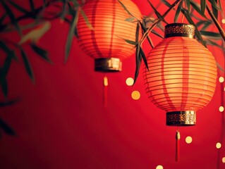 Obraz premium Festive Red Chinese Lanterns Hanging on Bamboo Branches