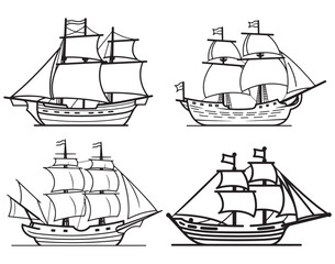 set of old sailing ship line art vector illustration, outline coloring page design