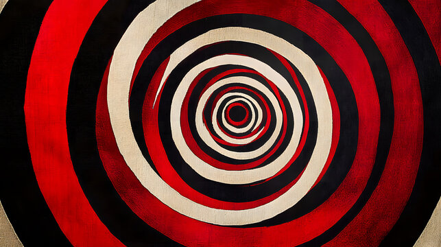 A hypnotic abstract design featuring concentric circular patterns in alternating shades of red, black, and white, creating a striking optical effect 