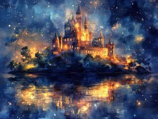 Fototapeta premium A luminous painting of a grand castle illuminated with golden light, set on an island surrounded by water