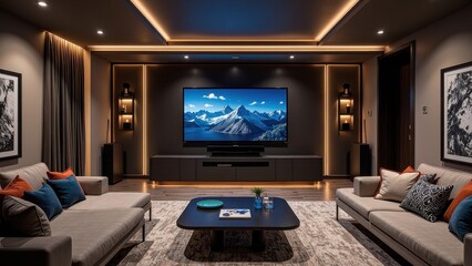 Fototapeta premium Cozy home theater graced by two plush gray sofas, adorned with vibrant blue and orange pillows. A chic gray-white patterned rug anchors the space, inviting relaxation