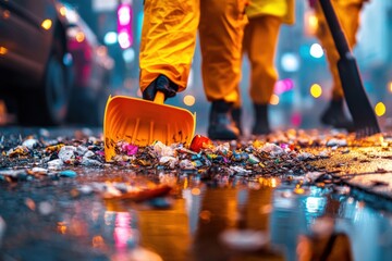 Team of volunteers dedicated to cleaning litter on a busy city street in bright daylight