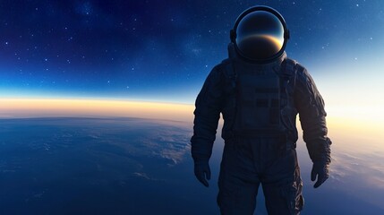 Naklejka premium Stunning Blue Sunrise Spectacle from Space with Astronaut Viewing, Blue sunrise earth concept.