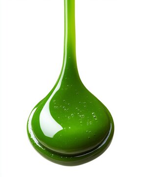 Green syrup dripping gracefully from a spoon.