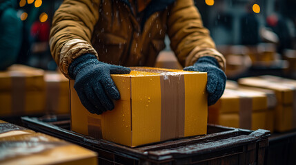 Volunteers preparing donation boxes for a charity drive. bright lighting, contrast