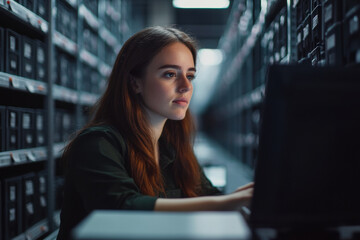 Woman accessing data on a laptop in a modern server room