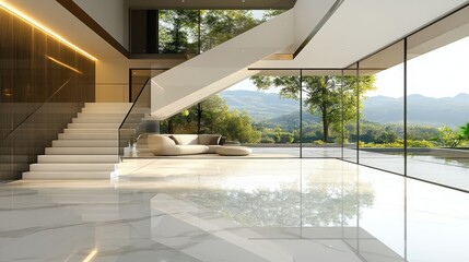 Fototapeta premium A luxurious hall with a floating staircase, glossy white marble floors, and a panoramic window offering scenic outdoor views