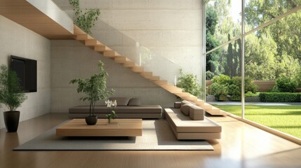 A minimalist living area with clean lines, a sleek wooden staircase, and a large window overlooking the backyard