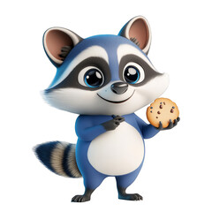 Fototapeta premium Playful cartoon raccoon enjoying a cookie animation studio character design whimsical environment front view fun concept