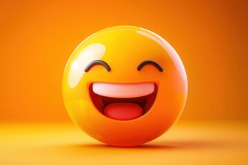 Fototapeta premium 3D emoji icon of a happy,laughing face on an orange background.World Smile Day Concept. 