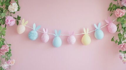 Colorful Easter Eggs with Bunny Ears Hanging Against Pink Background