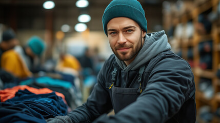 Volunteers sorting clothes in a warehouse, with only the hands and piles of clothes shown. bright lighting, contrast