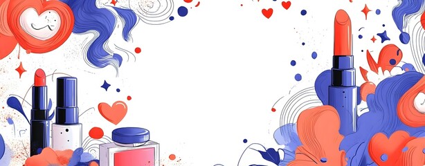 Vibrant Cosmetics-Themed Frame with Cartoon-Style Elements and Blank Space for Cheerful Message