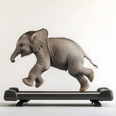 Baby Elephant Running on Treadmill Against White Background