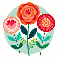  Three stylized floral arrangements in circles, featuring orange, red, and pink flowers with green stems and leaves with white background