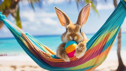 A fluffy rabbit enjoys a sunny Easter day in a hammock near the beach, holding a colorful egg, surrounded by palm trees and ocean waves