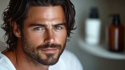 Fototapeta premium A man with striking features glances thoughtfully in a cozy environment